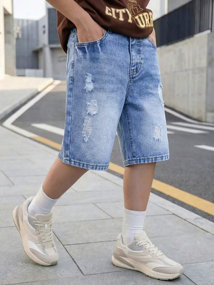 SHEIN Casuvi Kids 男童夏季新款时尚做旧百搭宽松直筒舒适牛仔短裤,适合日常、度假、上学、节日及休闲户外穿着 - 中等水洗藍 - 查看 1