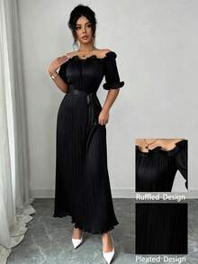 Modelyn Đầm ngắn tay màu sâm panh, trễ vai, viền bèo nhún, thanh lịch - màu đen - Xem 7