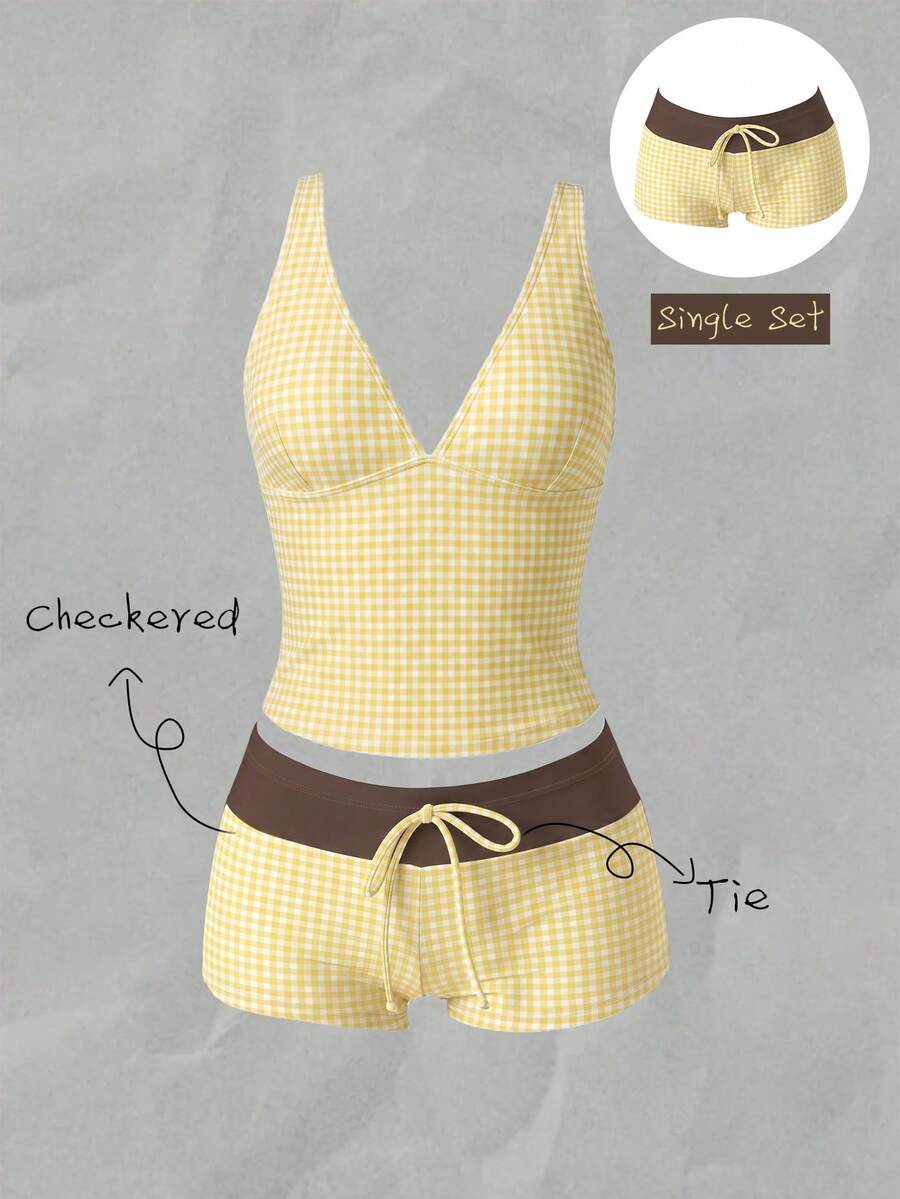 Elavelle Quần bikini nữ cạp cao thắt nơ in họa tiết, thích hợp cho mùa xuân/hè. - Nhiều màu - Xem 1