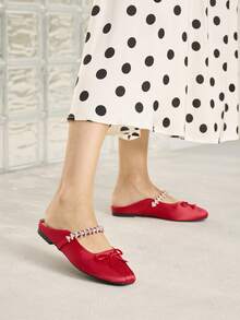MOTF BAILARINAS MARY JANE CON PUNTA CUADRADA Y DETALLES DE RHINESTONES PARA NAVIDAD - Rosa Roja - Ver 7