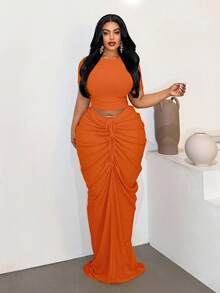 Maweii Plus Size Sexy Fitted Beach Ruched Skirt 2 Pieces Set - Orange - View 3