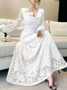 DAZY Women's Elegant Solid Color 3D Floral Ruffle Collar Lantern Sleeve Waist-Cinched Long Dress, Suitable For Autumn Dining, White Floral Pattern Wedding - White - View 1