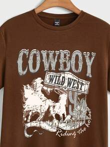 Solurane Wild West Cowboy Riding Horse Poster Print Casual Slim Fit Brown T-Shirt For Men, Essential For Dates And Gatherings, Outfit, Suitable As Gift For Boyfriend - Brown - View 3