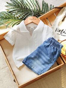 SHEIN Vintaside Kids 1 Set Baby Boy Summer Versatile Casual Collar Short Sleeve Minimalist Top Paired With Fashionable Washed Denim Shorts, Suitable For Daily Wear, Family Camping, Dining Or Shopping Summer Baby Outfit Baby Boy Summer Outfit - Multicolor - View 4