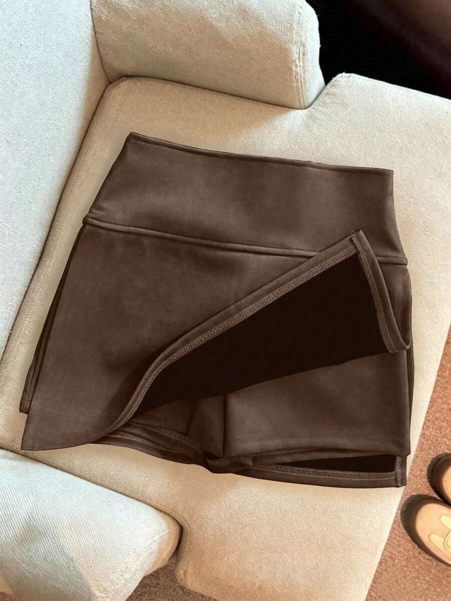 Franclia Fashionable New Suede Velvet High Waist Slim A-Line Split Short Skirt, Women Spring/Autumn - Brown - View 1