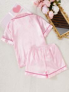 Elladie kids 女童经典条纹仿丝开衫，樱花刺绣口袋，搭配粉白条纹短裤，家居服套装 - 粉色 - 查看 7