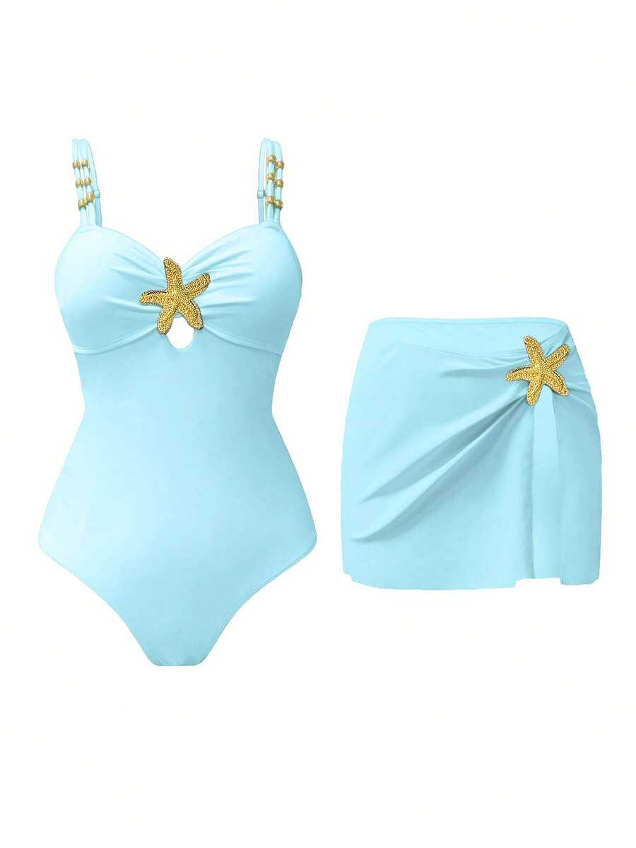 Swim Oasis 1 bộ đồ bơi liền thân nữ họa tiết ngôi sao năm cánh dễ thương, thích hợp cho kỳ nghỉ hoặc du lịch. - Màu xanh nhạt - Xem 1