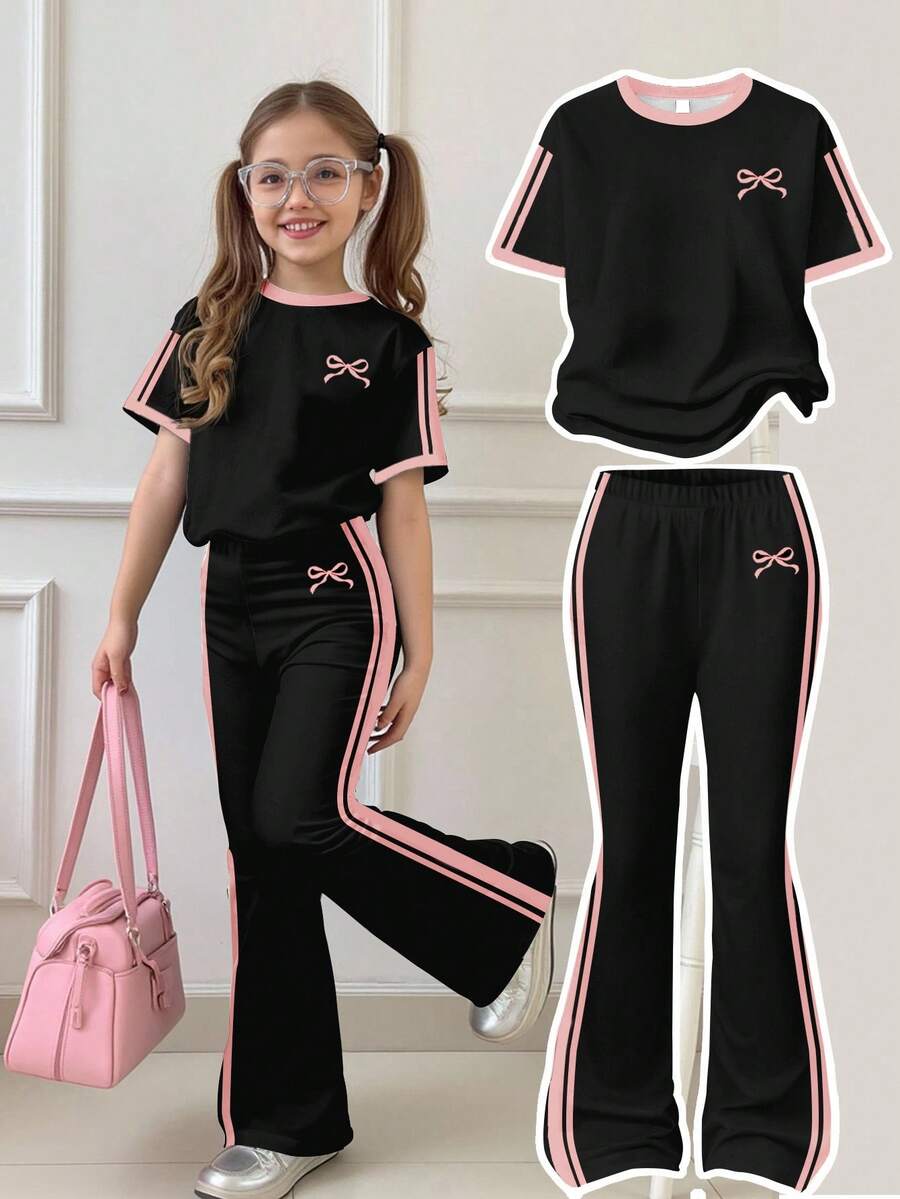SHEIN Leap Crew 复古运动条纹套装,迷你蝴蝶结装饰,少女休闲简约黑白条纹宽松圆领短袖T恤和喇叭裤两件套,适合夏季穿着 - 彩色 - 查看 1