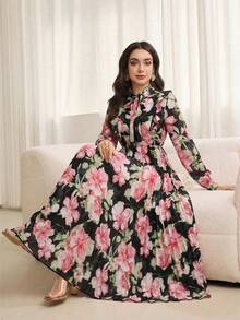 Modelyn Ruffled Tie Collar Pleated Floral Print Dress - Black - View 4