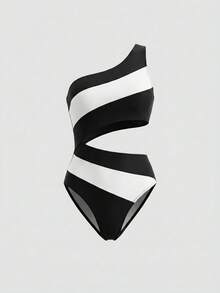 Sweetra Women's Color Block One Shoulder One-Piece Swimsuit For Swimming, Vacation, Summer Beach - Black and White - View 1