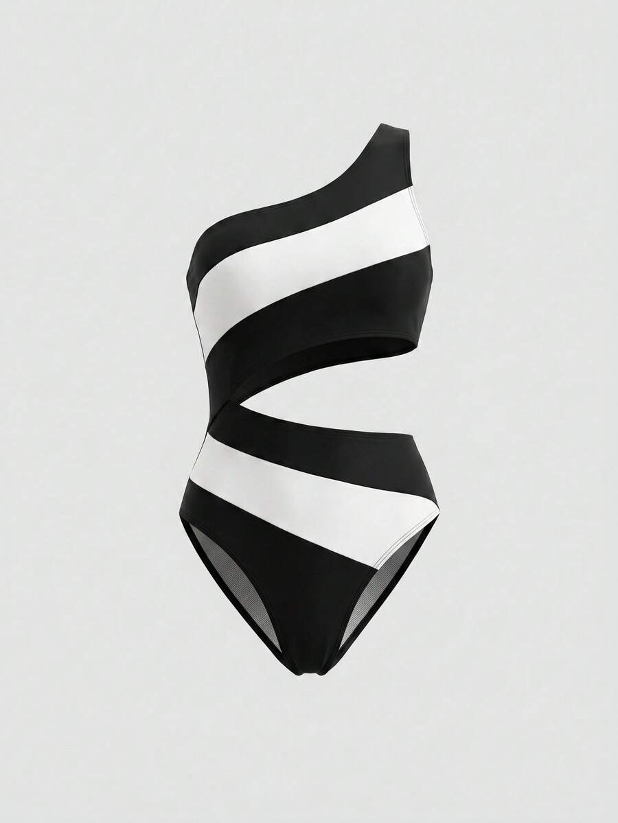 Sweetra Women's Color Block One Shoulder One-Piece Swimsuit For Swimming, Vacation, Summer Beach - Black and White - View 1