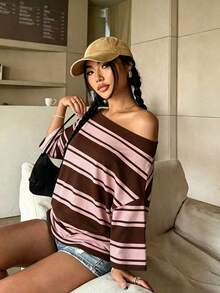 INAWLY Camiseta casual holgada de mujer con hombros descubiertos y mangas 3/4 a rayas - Rosa - Ver 3