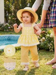 SHEIN Playful Pals 女童夏季套裝可愛雛菊格紋無袖上衣 & 白色蕾絲飾邊寬腿褲 清新度假風輕盈舒適 2件組 - 黃色 - 查看 7