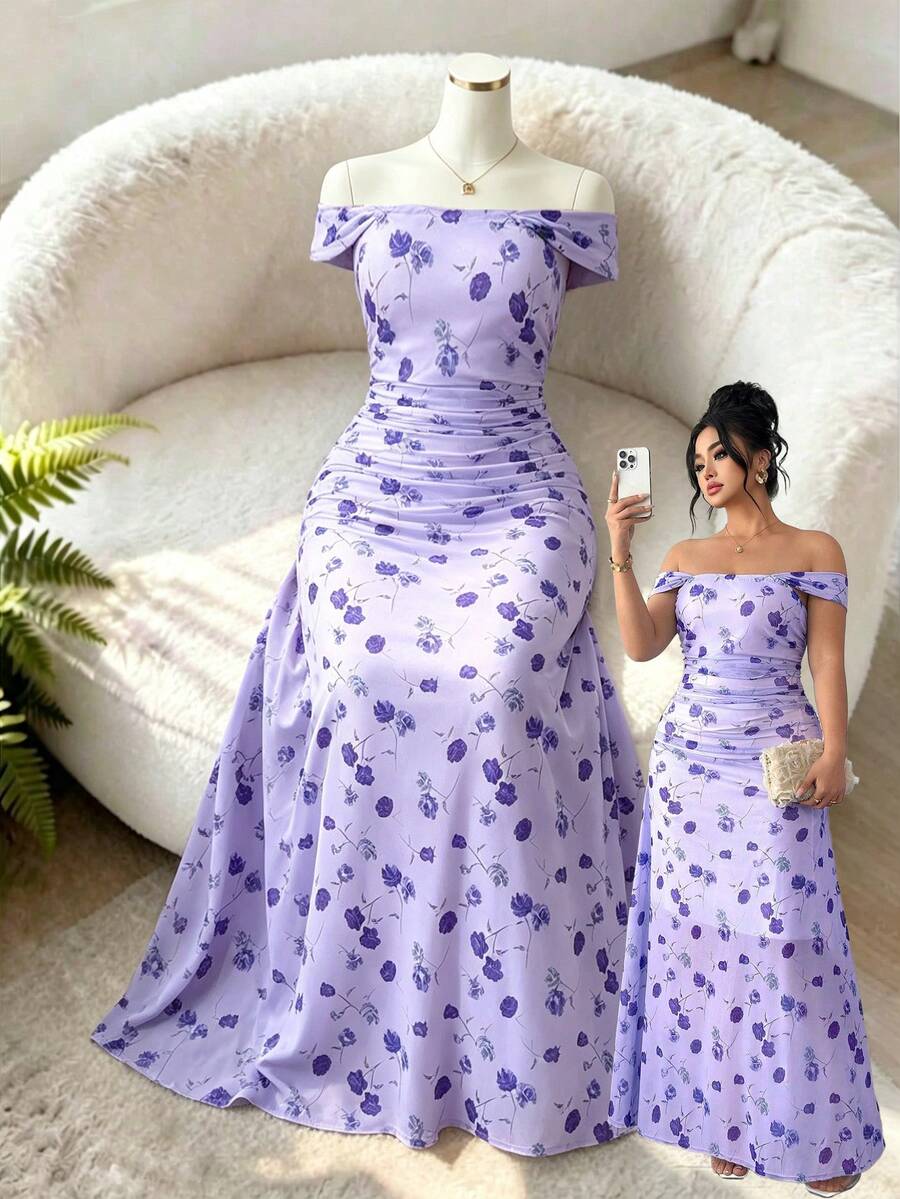 SHEIN Elenzya Plus Size Women's Elegant Random Print Knitted Fabric Midi Dress Sleeveless Semi-Sheer Flared Hem Off-Shoulder Lilac Formal Dress For Prom - Multicolor - View 1