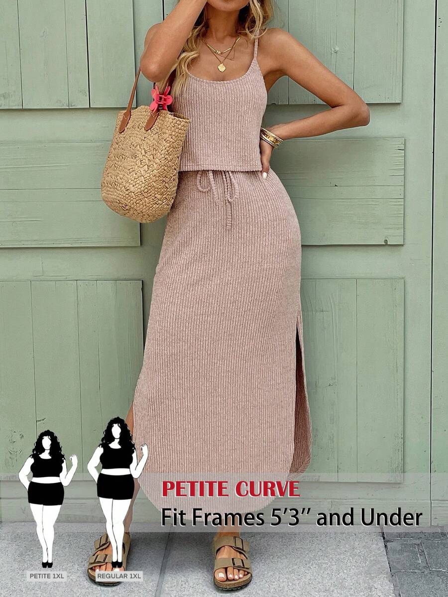 SHEIN PETITE CURVE Plus Size Women Dusty Rose Ribbed Sleeveless Slit Hem Drawstring Dress Summer Smart Casual Boho Vacation Elegant Basic Daily Wear Bussines Vaction - Dusty Pink - View 1