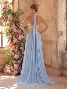 Glamrae 优雅奢华的浅蓝色网纱，手工镶嵌水钻，领口系带设计，拖尾造型，女士正式礼服配饰 - 淺藍色 - 查看 3