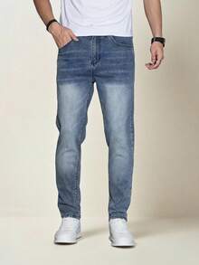 QuarKem 1 buah Celana Jeans Pria Warna Polos Model Skinny dengan Kantong, Kasual, Serbaguna - Biru - View 1