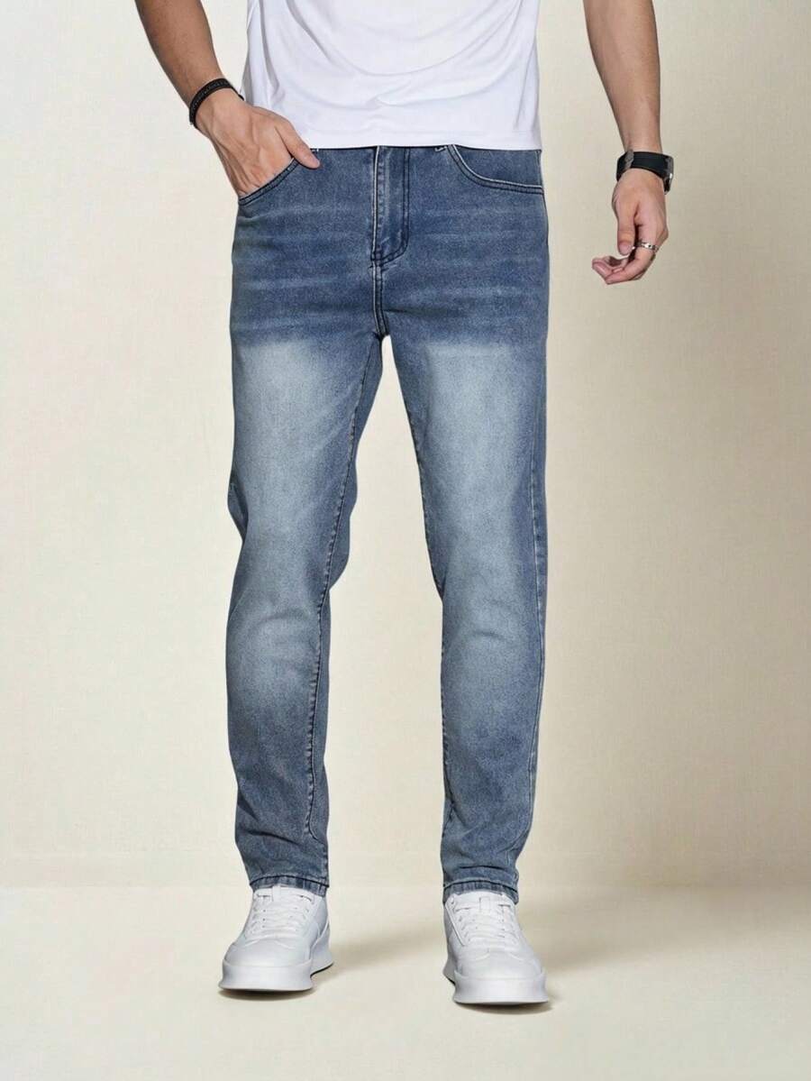 QuarKem 1 buah Celana Jeans Pria Warna Polos Model Skinny dengan Kantong, Kasual, Serbaguna - Biru - View 1