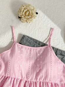 Tween Girls Summer New French Retro Pink Adjustable Shoulder Strap, Waist Cinched, Ruffle Hem, Versatile Cute Crop Cami Top - Pink - View 3