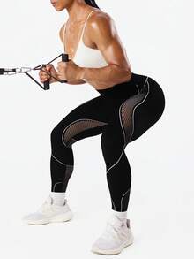 SHEIN Rhythm Era Women's Plus Size Seamless Yoga Leggings,High Waist Tummy Control Lifting,Mesh Design Fashionable & ,Moisture Wicking,Black,Summer,Athletic,Gym - Black - View 7