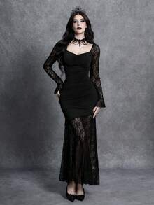 Glisette Đầm maxi ôm sát dài tay cổ tim phối ren dành cho nữ, đầm dự tiệc maxi xếp ly gợi cảm. - màu đen - Xem 1