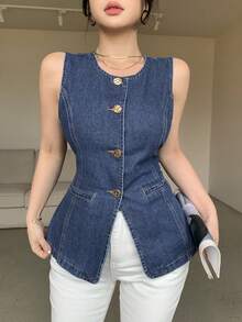 DAZY Áo khoác denim ôm dáng không tay dành cho nữ, thích hợp cho mùa xuân và mùa hè. - Màu xanh lam - Xem 5