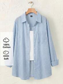 SHEIN CURVE+ Curve 尺码 US22 音乐节、海滨度假、波西米亚风女士长袖休闲条纹衬衫，春夏女装 - 藍色 - 查看 3