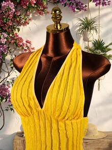 SaltGleam SaltGleam Áo liền thân nữ cổ buộc dây kiểu dáng thường ngày, đa năng, phù hợp mặc hàng ngày. - Màu vàng - Xem 5