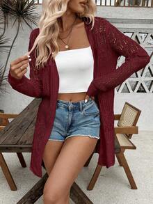 SHEIN LUNE Áo khoác cardigan dài tay nữ màu trơn khoét lỗ, kiểu dáng thường ngày - Màu Đỏ Sâu - Xem 7