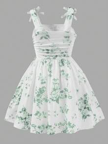 Elladie kids Hướng dẫn chọn váy dự tiệc cho bé gái: Váy dài thướt tha thanh lịch kiểu đảo xanh cho mùa hè, họa tiết hoa, họa tiết sứ xanh trắng, váy midi xếp ly dễ thương thắt nơ không tay, váy dạ hội cao cấp đính ngọc trai. - màu xanh lá - Xem 4