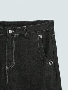GlobeSwift Men's Denim Bermuda Shorts With Embroidered Print, Casual Summer Pants - Black - View 5