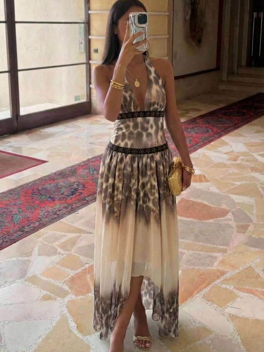 Aloruh 女士时尚豹纹露背吊带不对称下摆连衣裙