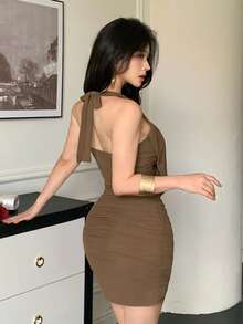 Joudiya 春夏繫帶垂墜領口婚禮宴會舞會晚禮服 時尚派對收腰細肩帶優雅女裝 - 棕色 - 查看 11