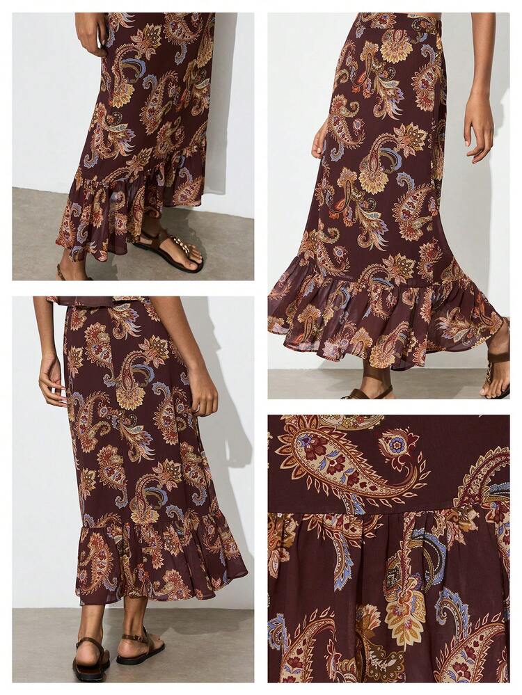 SHEIN Maija Women's Casual Paisley Print Ruffle Hem Skirt,Summer Clothes,Casual Skirt,Beach Fashion