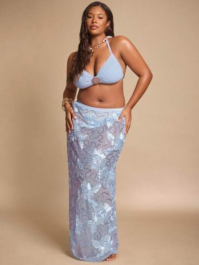 SHEIN BAE Traje de baño talla grande con falda y diseño de cuentas, azul aguamarina