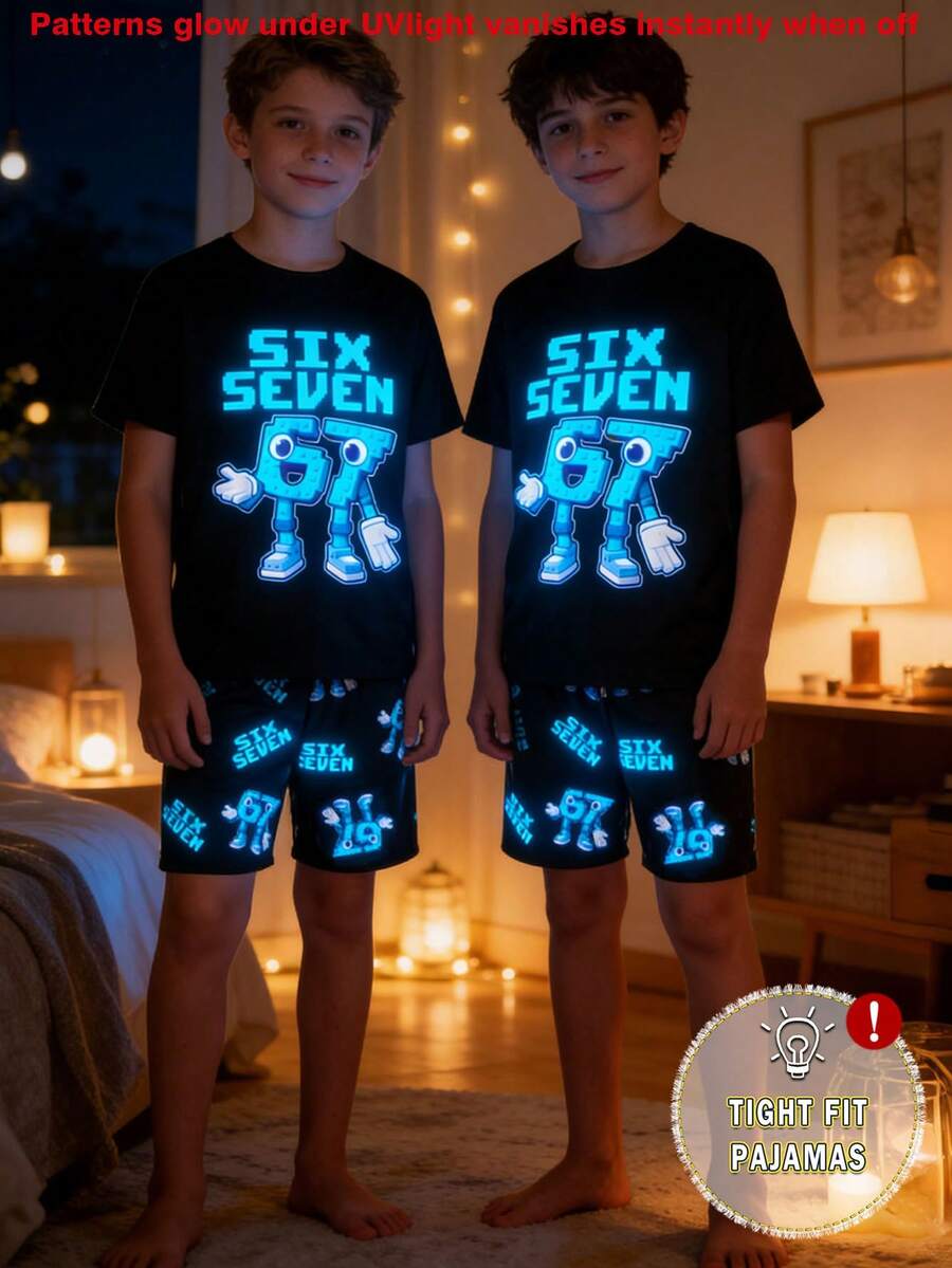一套青少年男童时尚数码67印花短袖短裤睡衣套装,纯色简约修身睡衣(注意:本产品需要紫外线照射才能发光。尺码偏小,建议选购大一码) - 白色 - 查看 1