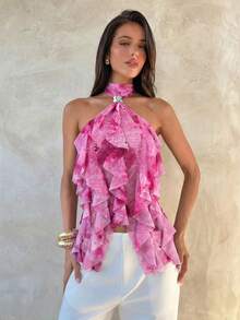 Aloruh Camiseta ajustada de mujer con cuello alto y volantes multicapa elegantes - Multicolor - Ver 5