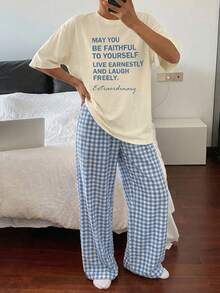 Dazy Tall 高个女式字母印花T恤和格子裤舒适休闲两件套家居服套装，女士短款夏季套装 - 米色 - 查看 7