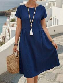 EMERY ROSE Đầm nữ mùa hè, kiểu dáng thường ngày, thắt eo, tay ngắn, dài đến đầu gối. - Màu xanh lam - Xem 1