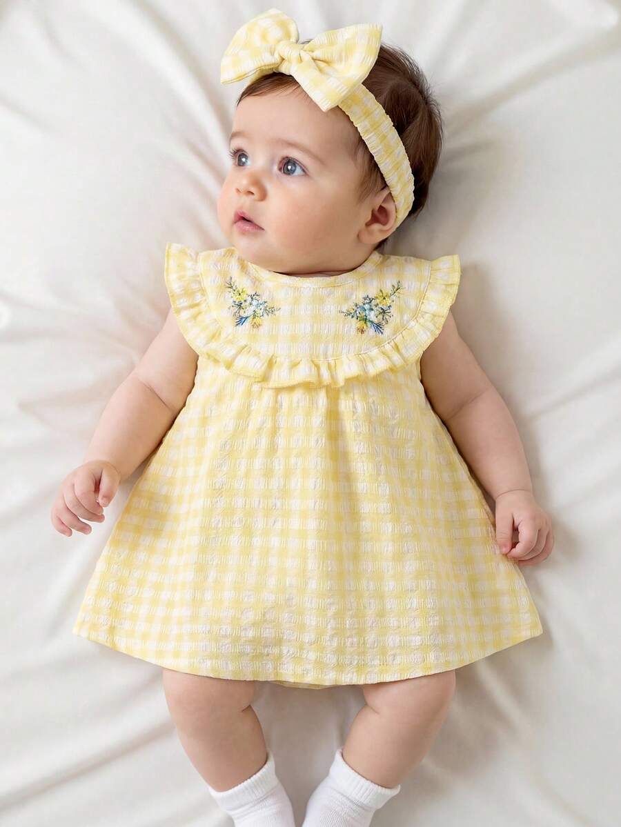 SHEIN Vestido de verano nuevo para bebé niña recién nacida con volantes bordados en cuadros amarillos y blancos + diadema con moño, conjunto elegante de 2 piezas
