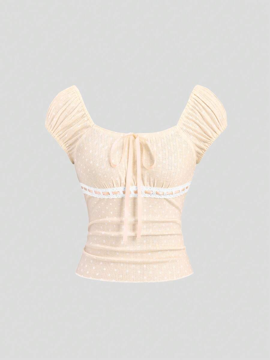 Sweetra Square Neck Polka Dot Print Knit Top With Bow Tie, Cute & Sweet, Rib Trim Splice Bodycon T-Shirt, Spring/Summer - Apricot - View 1