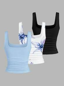 Sweetra Áo tank top nữ mùa hè mới về, cổ vuông, thắt eo, kiểu dáng thường ngày, thời trang, đa năng, thích hợp đi biển hoặc nghỉ mát. - Nhiều màu - Xem 2