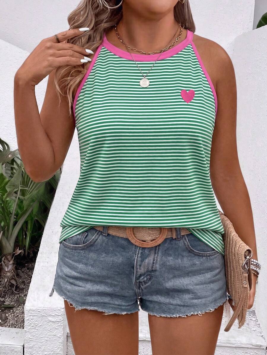 EMERY ROSE Women's Spring/Summer New Arrival Hot Selling Heart & Stripe Print Pattern Casual Versatile Plus Size Camisole - Multicolor - View 1