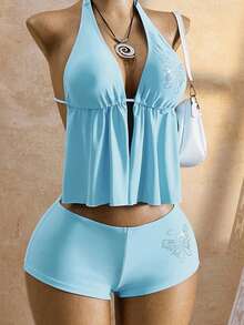 Bellisia 26SS Summer Holiday Beach Holiday Rhinestone Butterfly Halter Tankini Swimwear Set Sky Blue Sexsy - Baby Blue - View 4