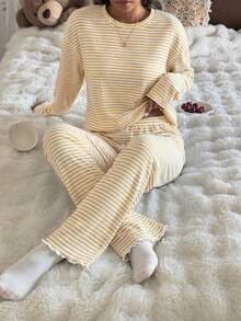 SHEIN Women's Casual Striped Print Round Neck Loose Long Sleeve Pajama Set - Yellow - View 7