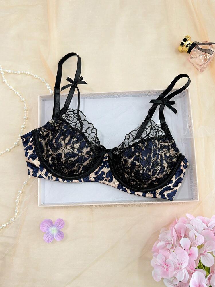 Lace Patchwork Leopard Print Bow Decor Adjustable Spaghetti Strap Lift Up Bra For Women