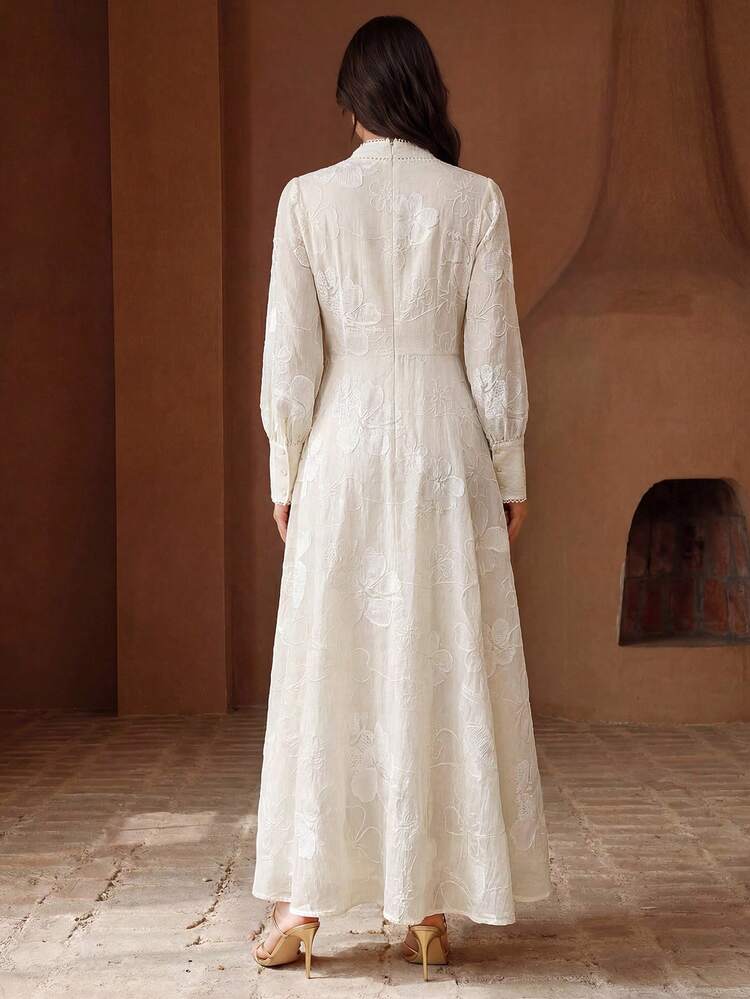 Women's Elegant Romantic Heavy Lace Embroidered Trim V-Neck Fashionable Long Dress, Suitable For Formal, Fashionable, Going Out, Party