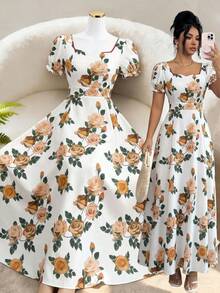 SHEIN Elenzya 女士花卉玫瑰印花方领褶皱A字泡泡袖连衣裙，优雅日常/度假/通勤时尚之选，适合情人节、约会、法式街头风、复古风、派对等场合，白色底色搭配红色玫瑰图案，早春/春夏新款中长连衣裙 - 彩色 - 查看 7