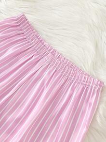 Girls' Pink And White Striped Faux Silk Pajama Set,Cute Summer Sleeping Loungewear,Collared Button-Front Top & Ruffle Hem Shorts Comfortable For Daily - Mauve Purple - View 9