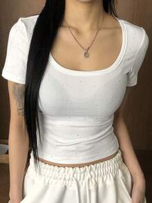 DAZY Women's Summer Scoop Neck Rhinestone Allover Print Slim Fit Casual Short Sleeve T-Shirt - White - View 14